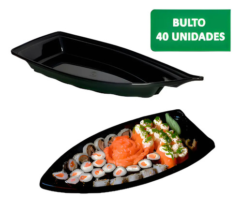 Envase Barco Sushi Grande Negro Cristal Bulto 40 U