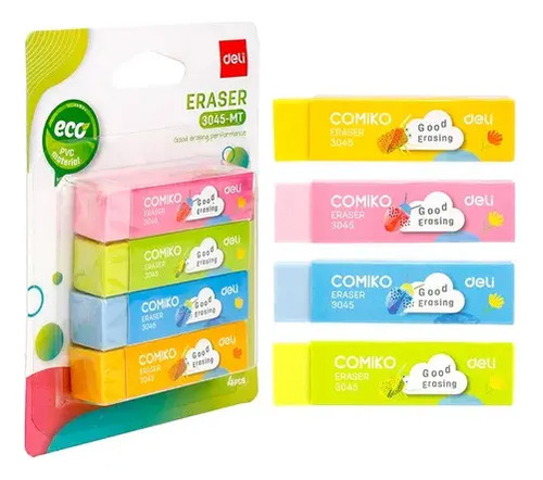 Goma de Borrar Deli Comiko Pack 12 Blisters 4 Unid